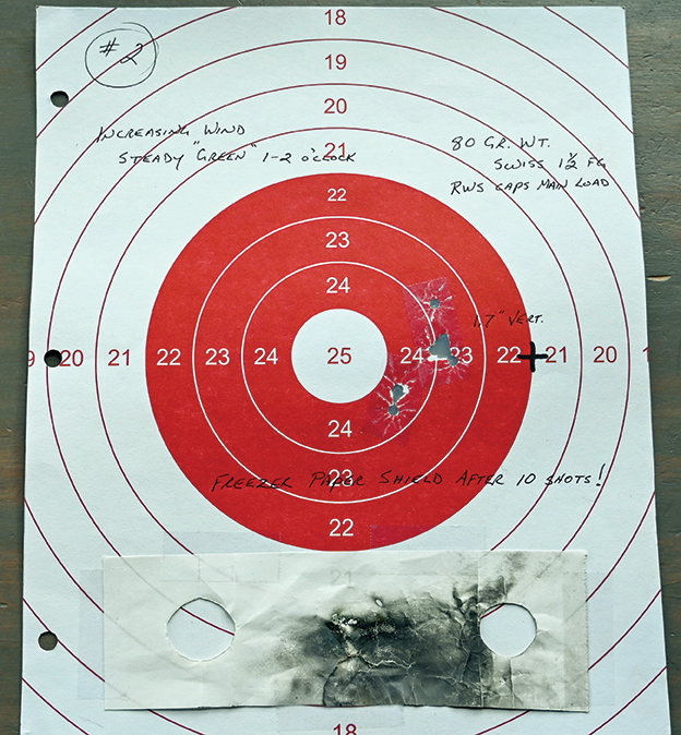200-yard targets shot with the Pedersoli Gibbs .45-caliber long-range rifle.